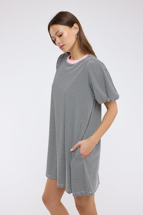 Striped Puff Sleeve Knit Mini Dress Black/Pink