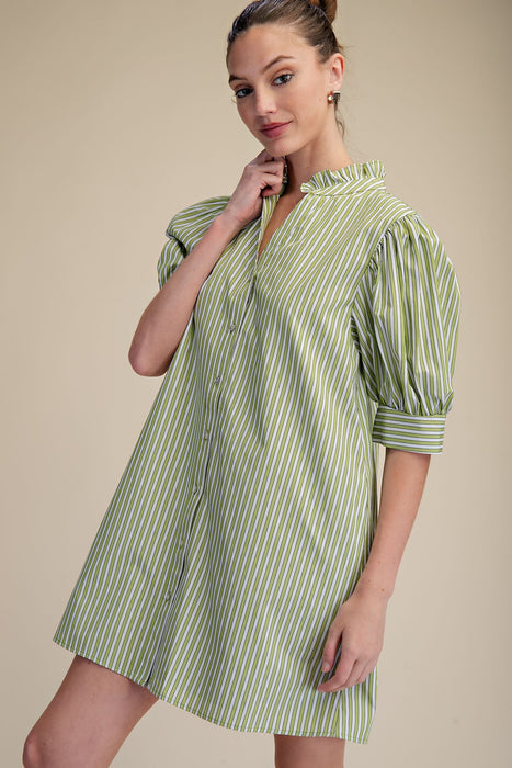 Ruffle V Neck Puff Sleeve Stripe Mini Dress
