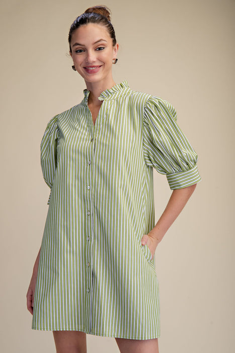 Ruffle V Neck Puff Sleeve Stripe Mini Dress