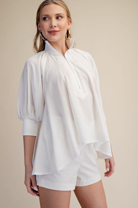 Half Zip Band Puff Sleeve Blouse