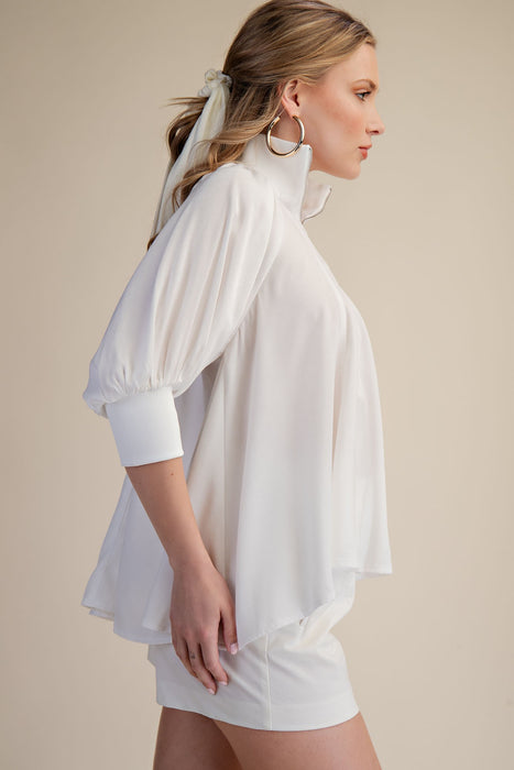 Half Zip Band Puff Sleeve Blouse