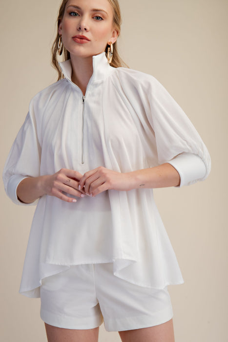 Half Zip Band Puff Sleeve Blouse