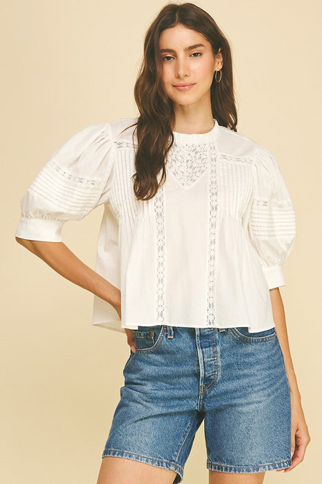 Lace Trimmed Detail Puff Sleeve Blouse