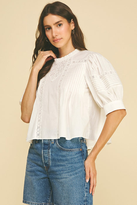 Lace Trimmed Detail Puff Sleeve Blouse