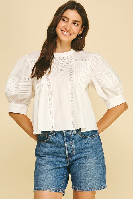 Lace Trimmed Detail Puff Sleeve Blouse