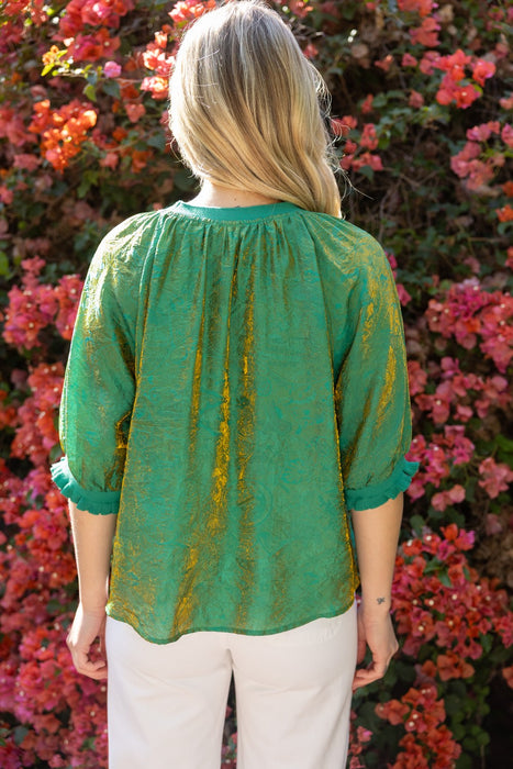 Ribbed Collar Half Sleeve Iridescent Top