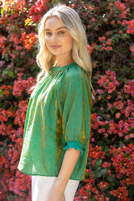Ribbed Collar Half Sleeve Iridescent Top