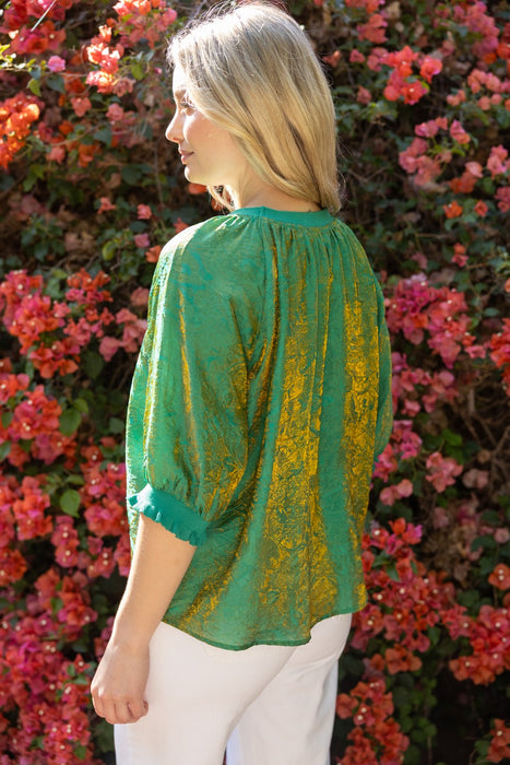 Ribbed Collar Half Sleeve Iridescent Top