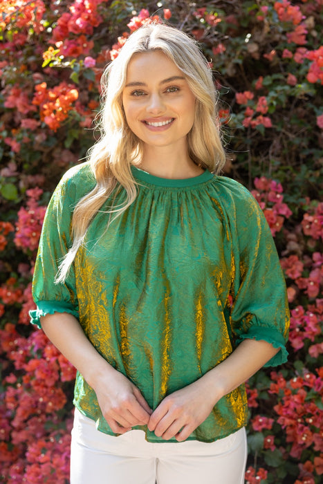 Ribbed Collar Half Sleeve Iridescent Top