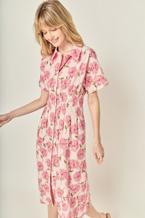 Button Collared Floral Print Midi Dress