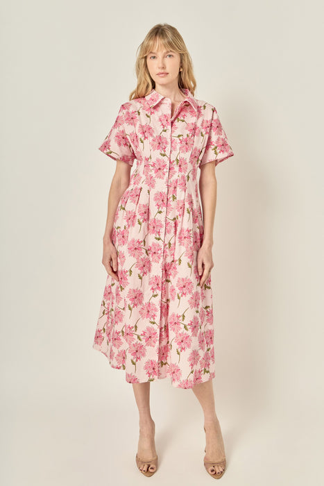 Button Collared Floral Print Midi Dress