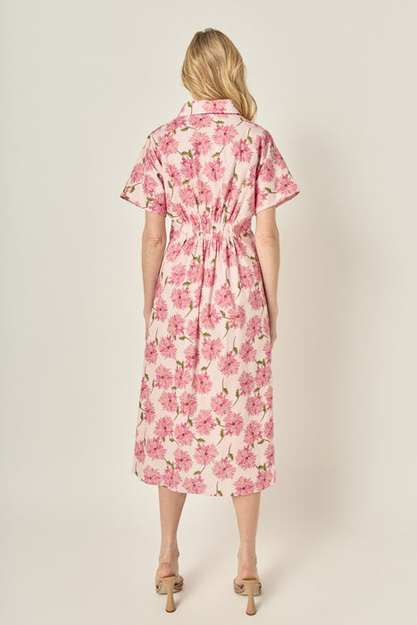Button Collared Floral Print Midi Dress