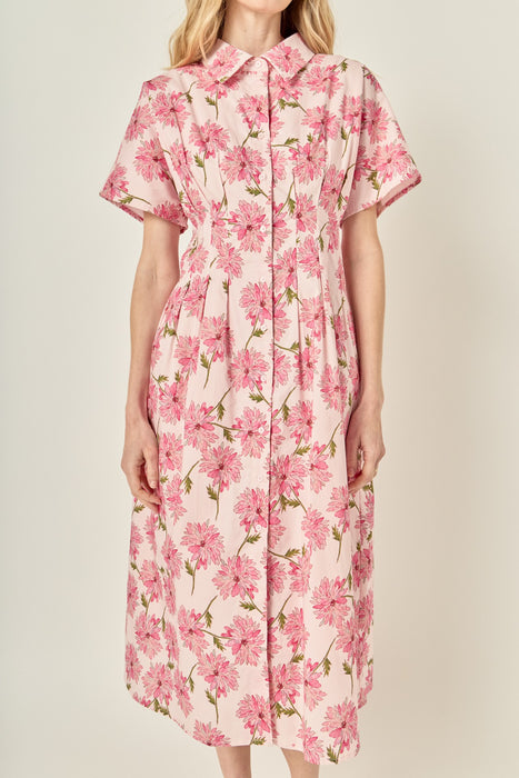 Button Collared Floral Print Midi Dress
