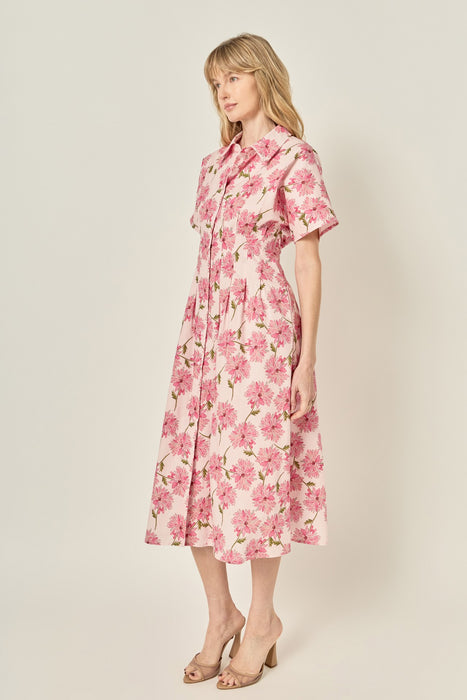 Button Collared Floral Print Midi Dress
