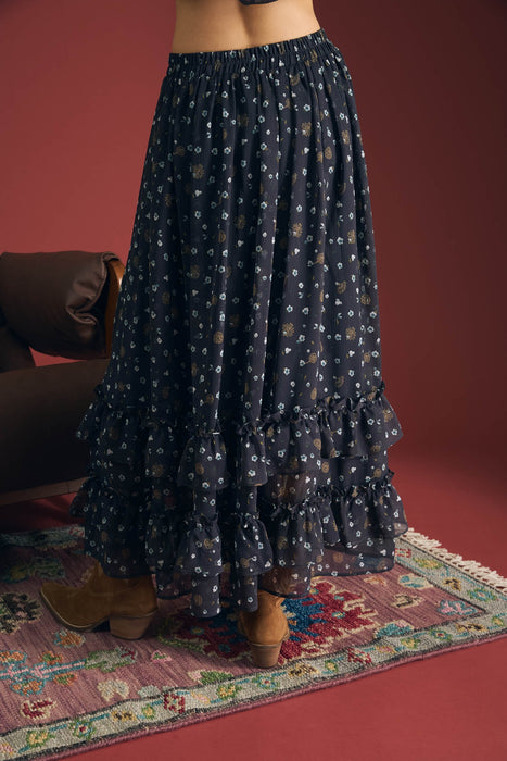 Floral Ruffled Tiered Midi Skirt