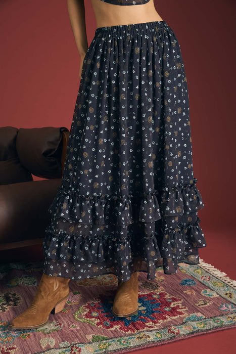 Floral Ruffled Tiered Midi Skirt