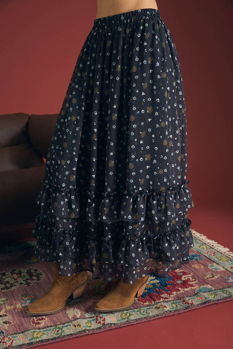 Floral Ruffled Tiered Midi Skirt