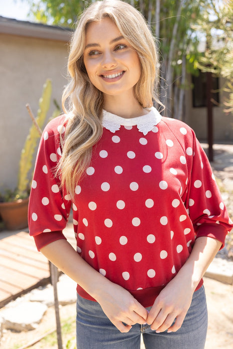 Floral Laced Collar Polkadot Top