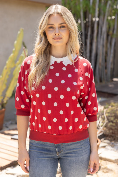 Floral Laced Collar Polkadot Top