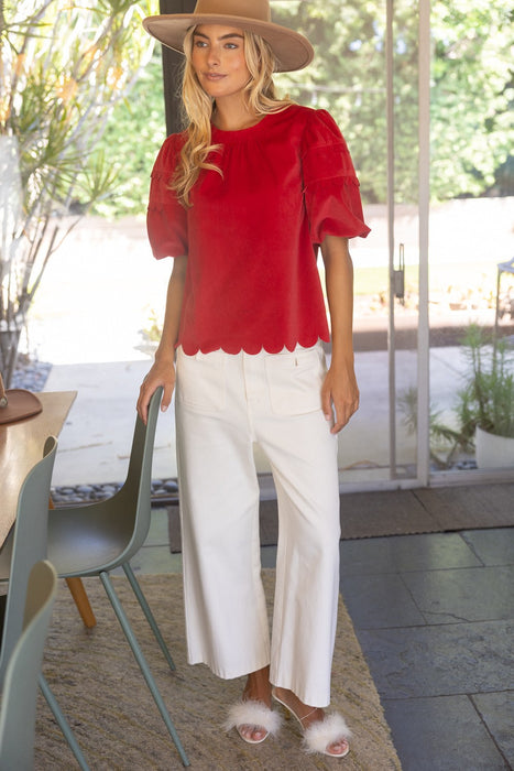 Scallop Hem Bubble Sleeve Top
