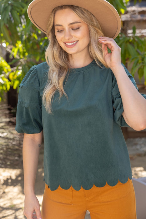 Scallop Hem Bubble Sleeve Top
