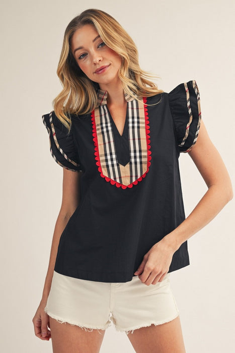 Plaid Collar Blouse with Scalloped Detail
