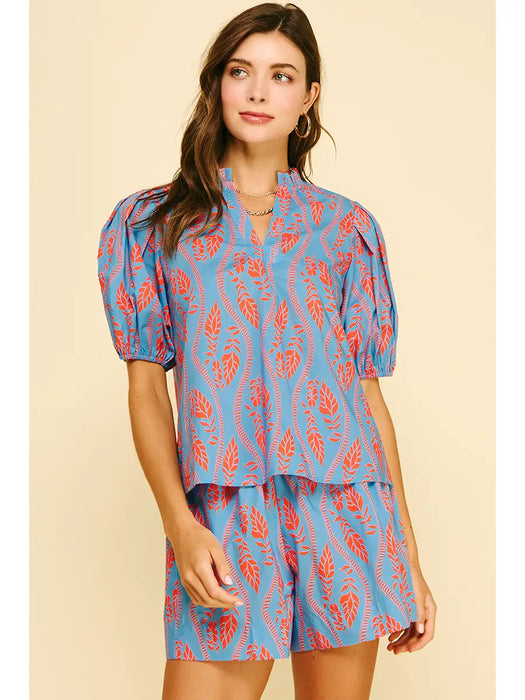 Botanical Print Ruffle Neck Short Sleeve