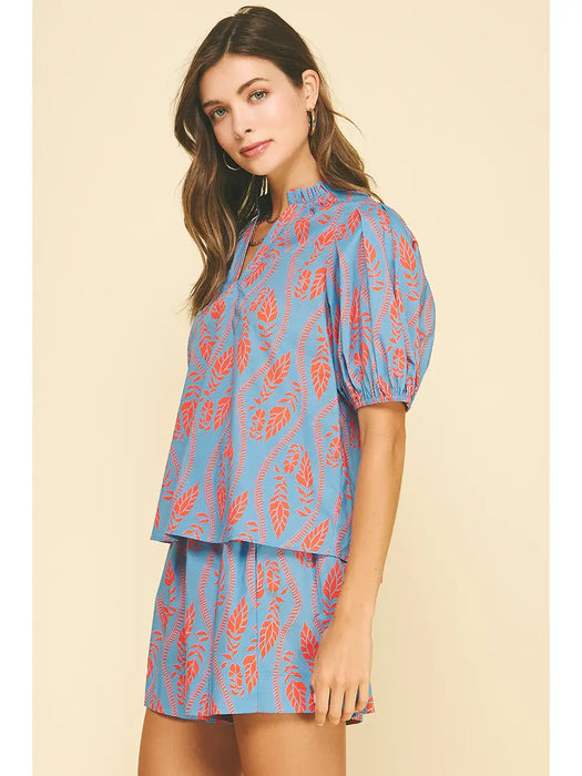 Botanical Print Ruffle Neck Short Sleeve