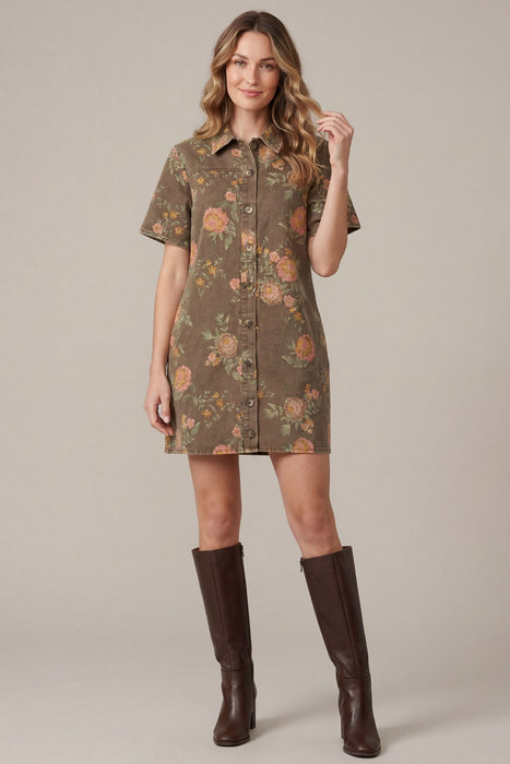Floral Print Denim Collared Dress