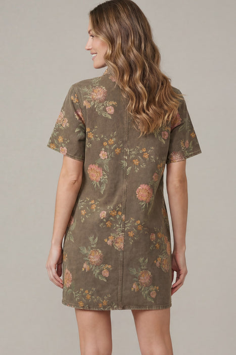 Floral Print Denim Collared Dress