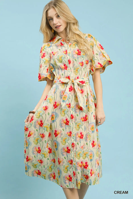 Floral Button Up Maxi Dress with Tie