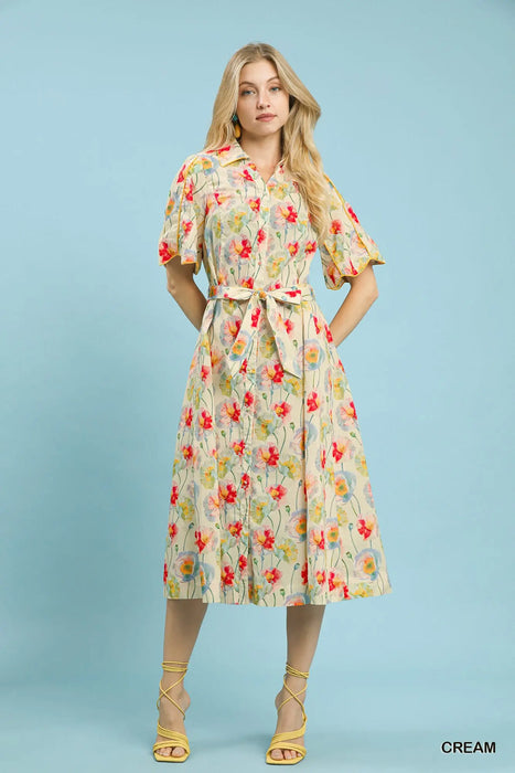Floral Button Up Maxi Dress with Tie