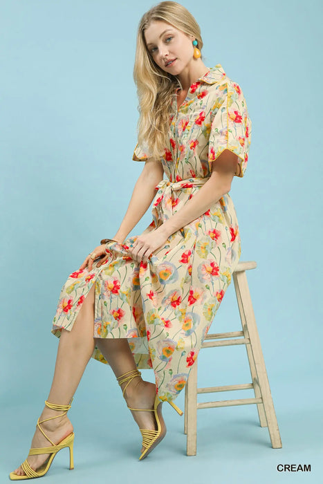 Floral Button Up Maxi Dress with Tie