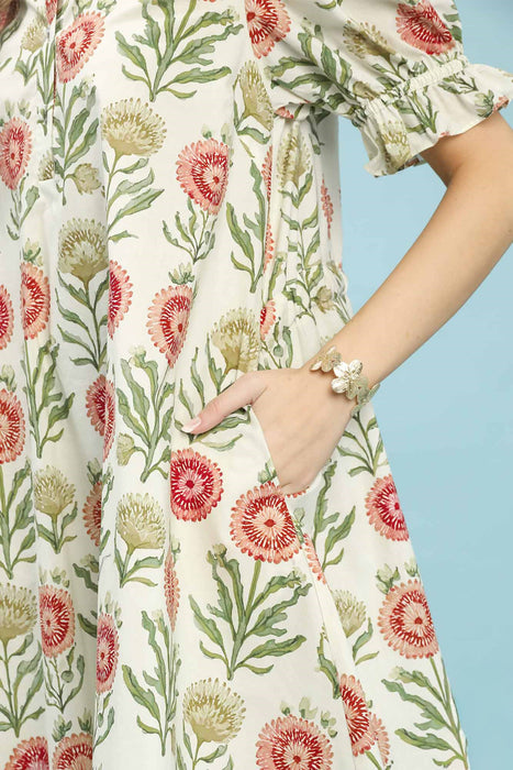 Flower Print Ruffle Neck Mini Dress