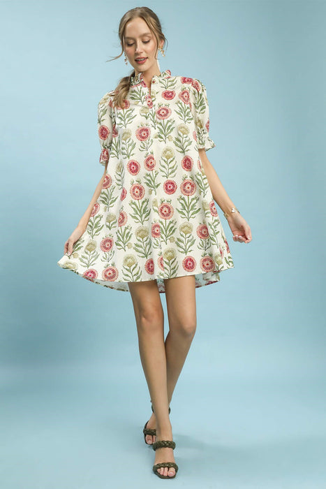 Flower Print Ruffle Neck Mini Dress