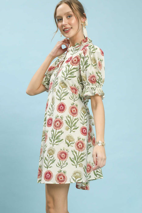 Flower Print Ruffle Neck Mini Dress