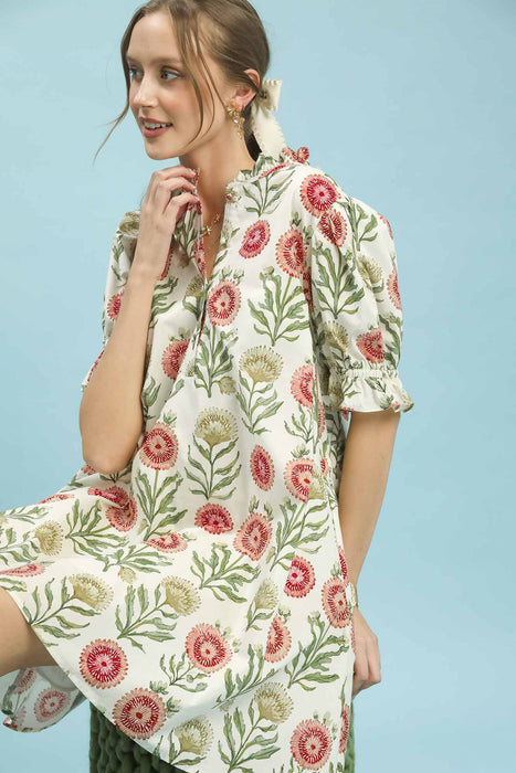 Flower Print Ruffle Neck Mini Dress