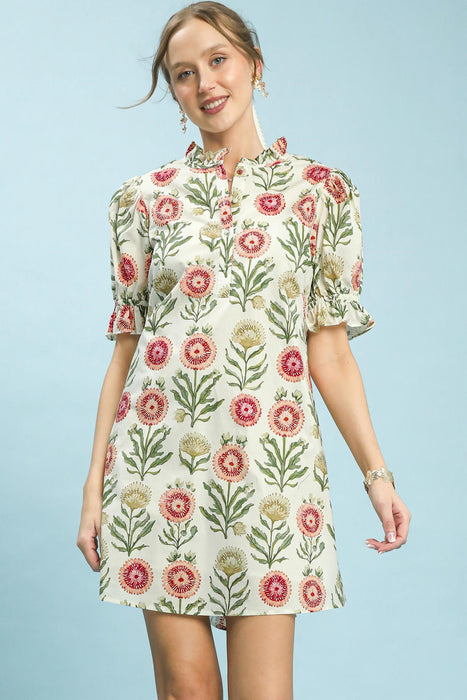 Flower Print Ruffle Neck Mini Dress