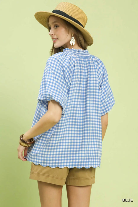 Ruffle Collar Bubble Sleeve Scallop Hem Top
