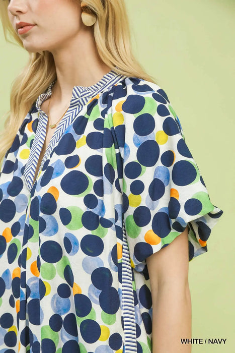 Bubble Sleeve V-Neck Dot Print Dress