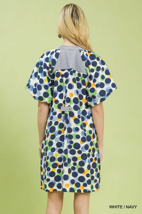 Bubble Sleeve V-Neck Dot Print Dress