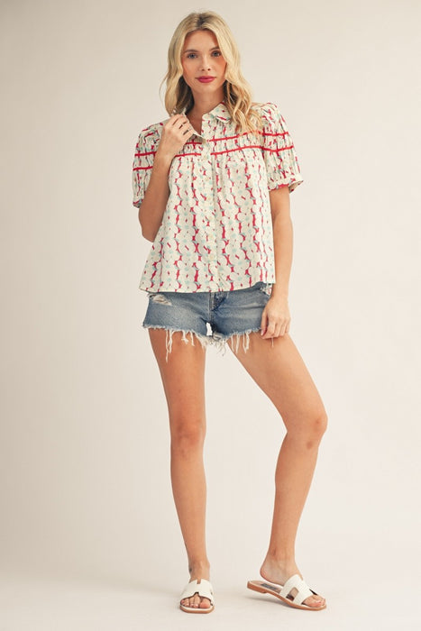 Smocked Flower Print Blouse