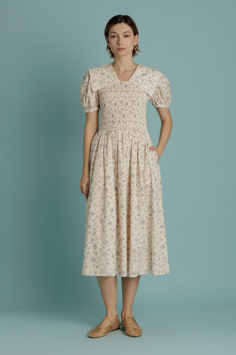 Smocked Midi Dress Oversized Collar