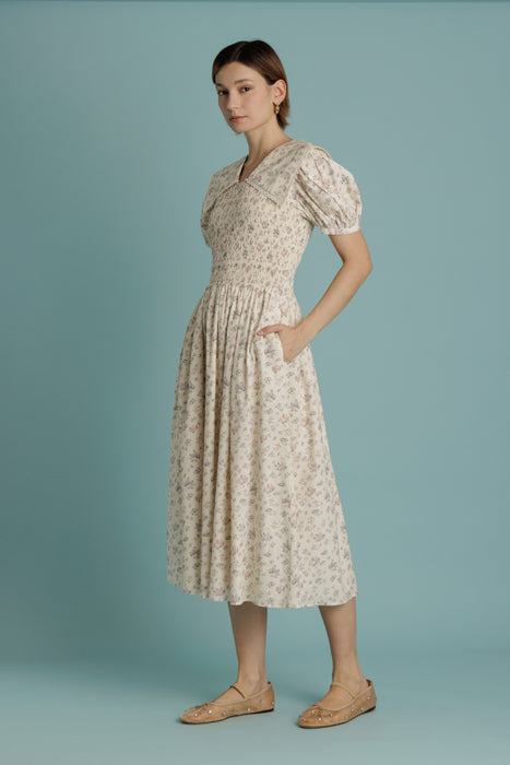 Smocked Midi Dress Oversized Collar