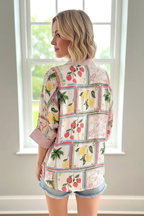Linen Fruit Print Button Up Top