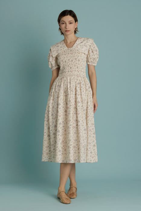 Smocked Midi Dress Oversized Collar