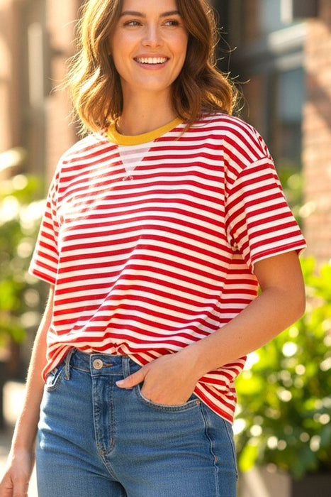 Contrast Neck Striped Short Sleeve Top