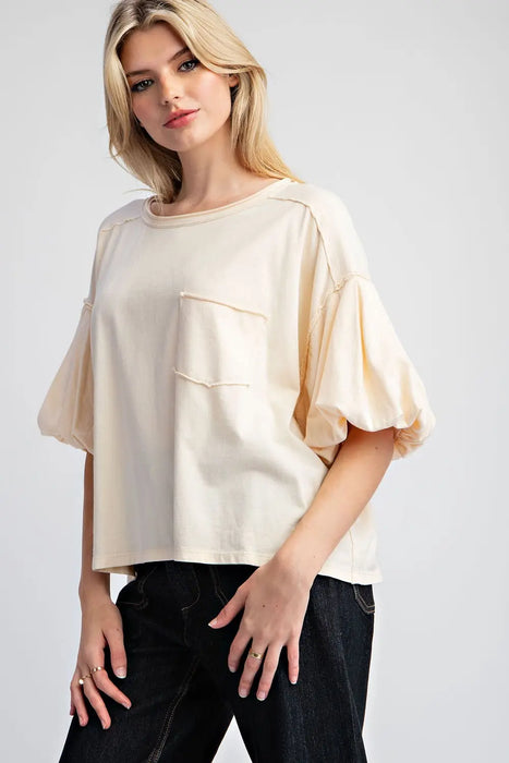 Mineral Washed Puff Sleeve Blouse