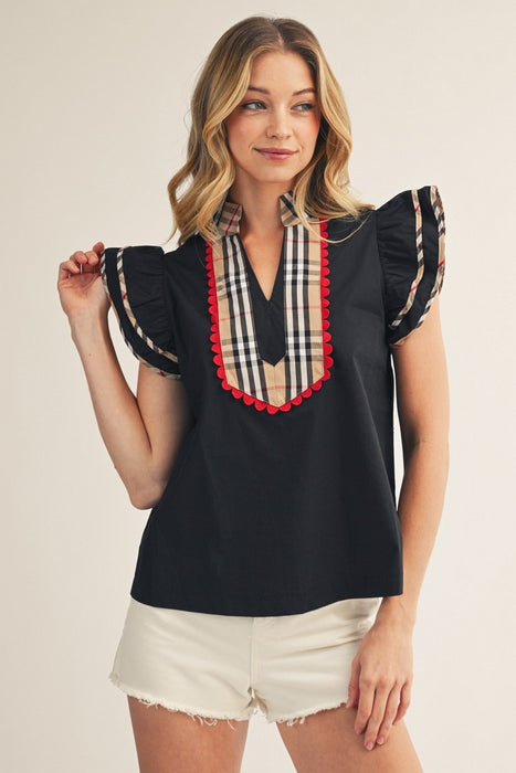 Plaid Collar Blouse with Scalloped Detail