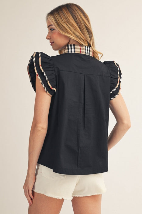 Plaid Collar Blouse with Scalloped Detail
